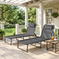Gray folding chaise lounge chairs with padded headrests on outdoor porch