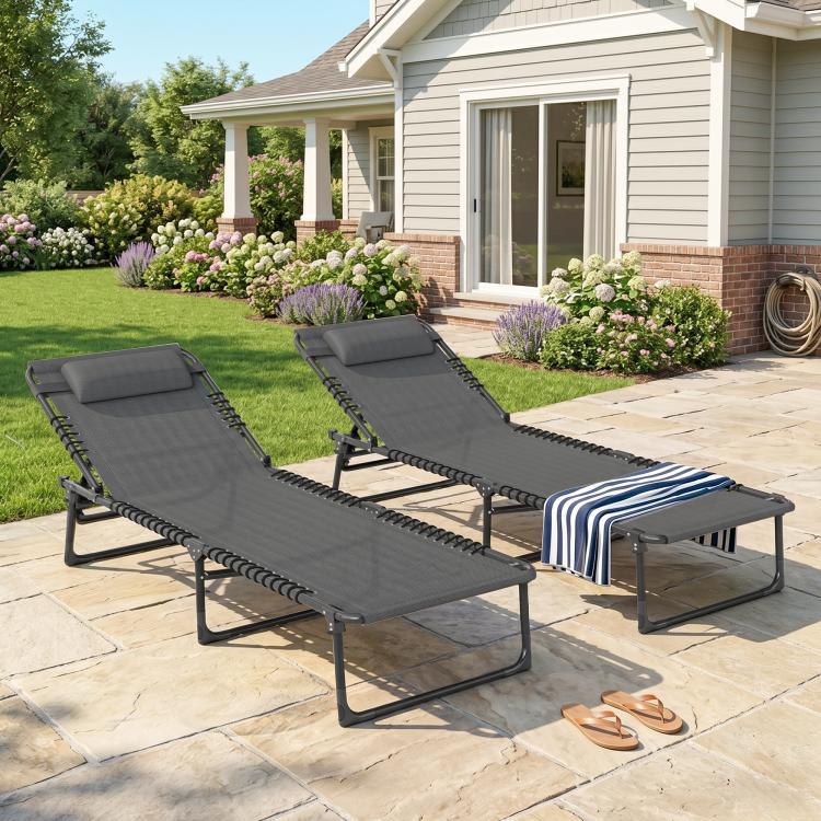 Gray folding chaise lounge chair pair with adjustable back and black metal stand
