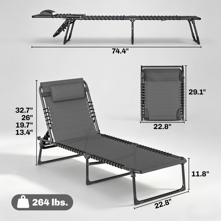 Gray chaise lounge chair with padded headrest, black frame, and bungee-style straps