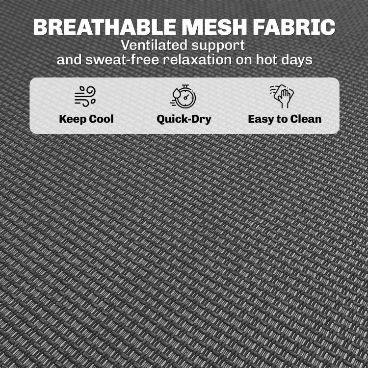 Close-up of breathable gray mesh fabric on folding chaise lounge seat and back