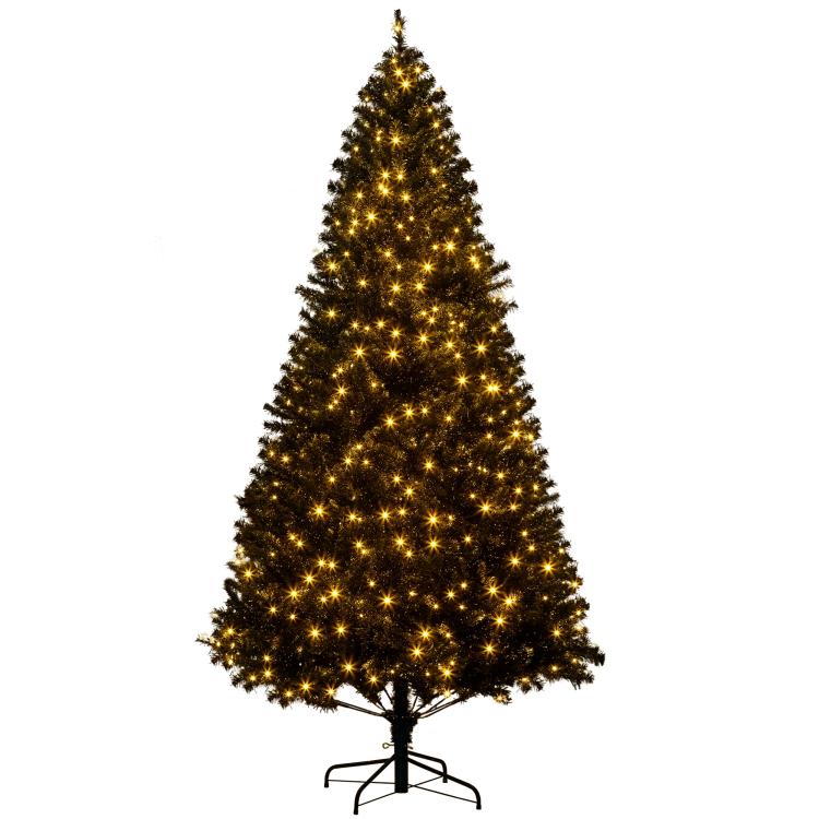 7.5 ft pre-lit artificial Christmas tree, warm white LEDs, dark green branches, black stand