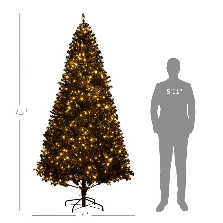 7.5 ft pre-lit artificial Christmas tree with warm white LEDs and size guide scale