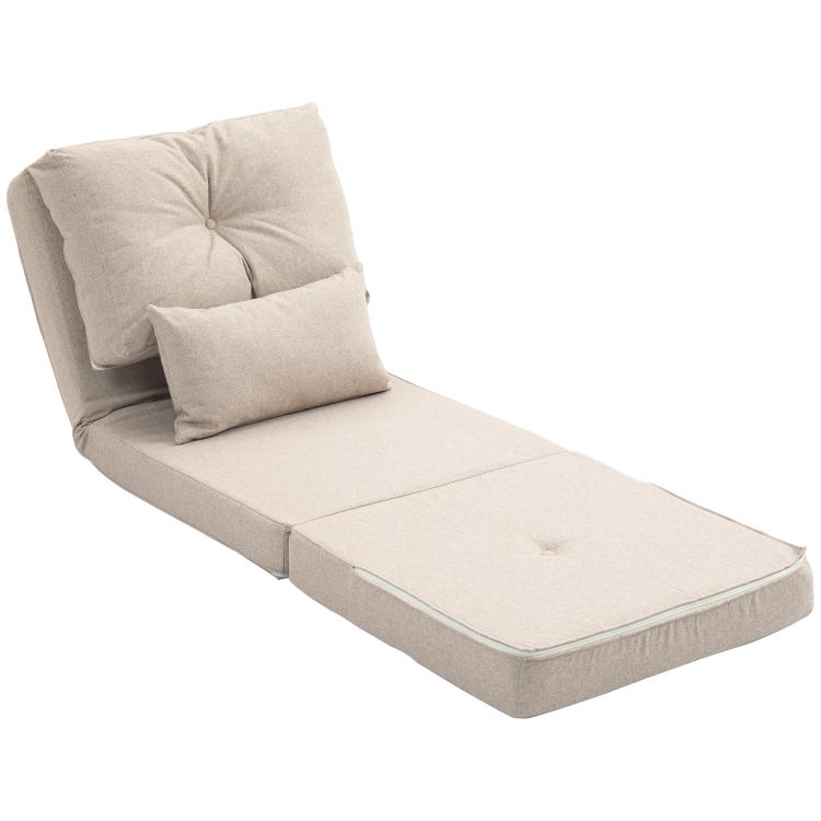 Beige floor sofa bed with raised backrest and smooth seat pad, two cushions