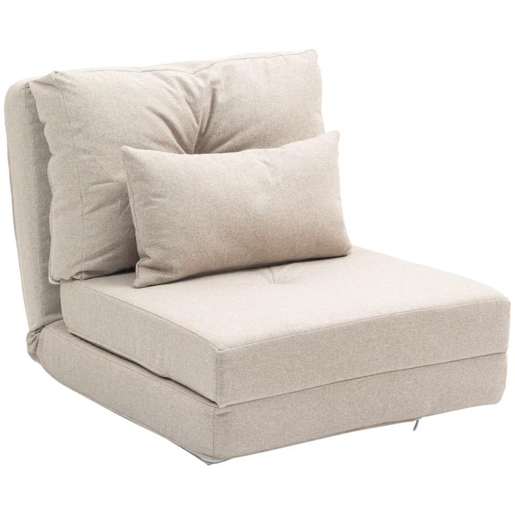 Beige folding floor sofa bed with thick seat and backrest cushions