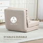 Beige folding sofa bed in compact folded position with side arm panel