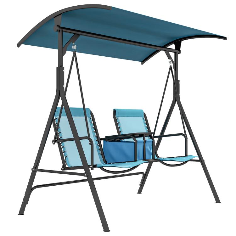 2-person blue porch swing with canopy and dark steel frame, side view