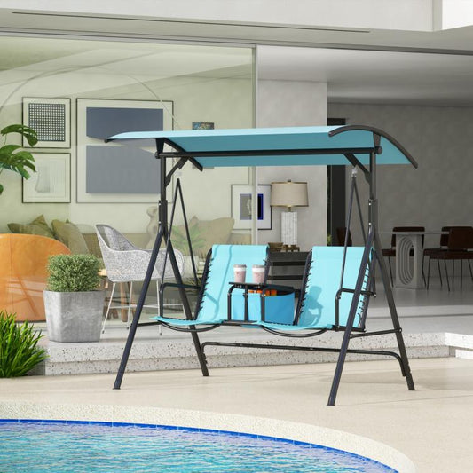 2-person blue porch swing with adjustable canopy over two cushioned seats