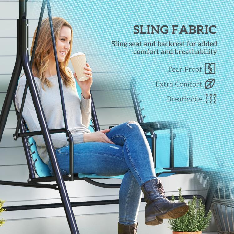 2-person blue porch swing showing sling fabric seat and backrest, with person seated