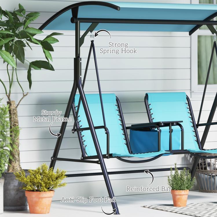 2-person blue porch swing with sturdy metal frame and anti-slip foot pads detail