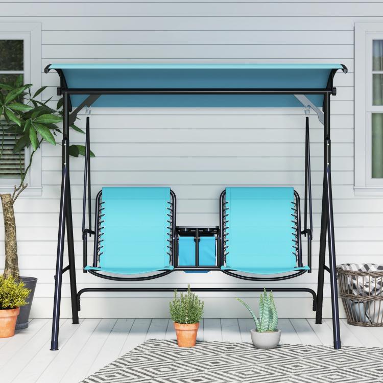 2-person blue porch swing with canopy and built-in storage table centered front view