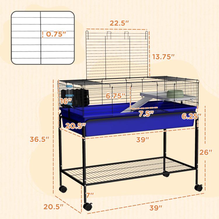 Blue two-story wire small animal cage with removable design on wheeled stand