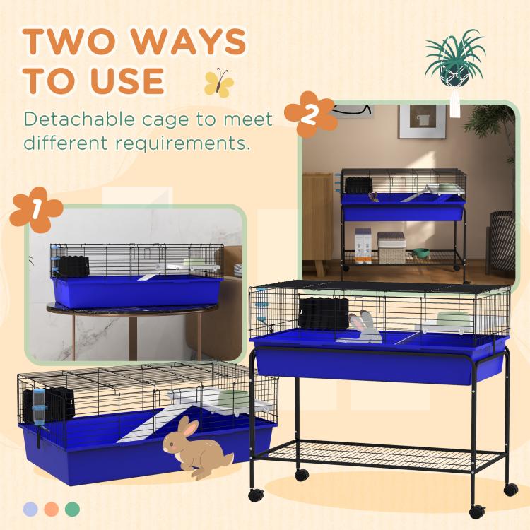Blue two-level wire pet cage with detachable sections and rolling wheeled stand