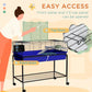 Blue two-story wire pet cage with front door and top panel opening on wheeled stand