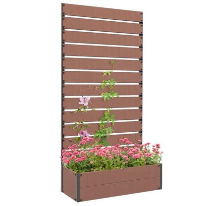 Light brown tall trellis planter with horizontal slat panel and raised bed