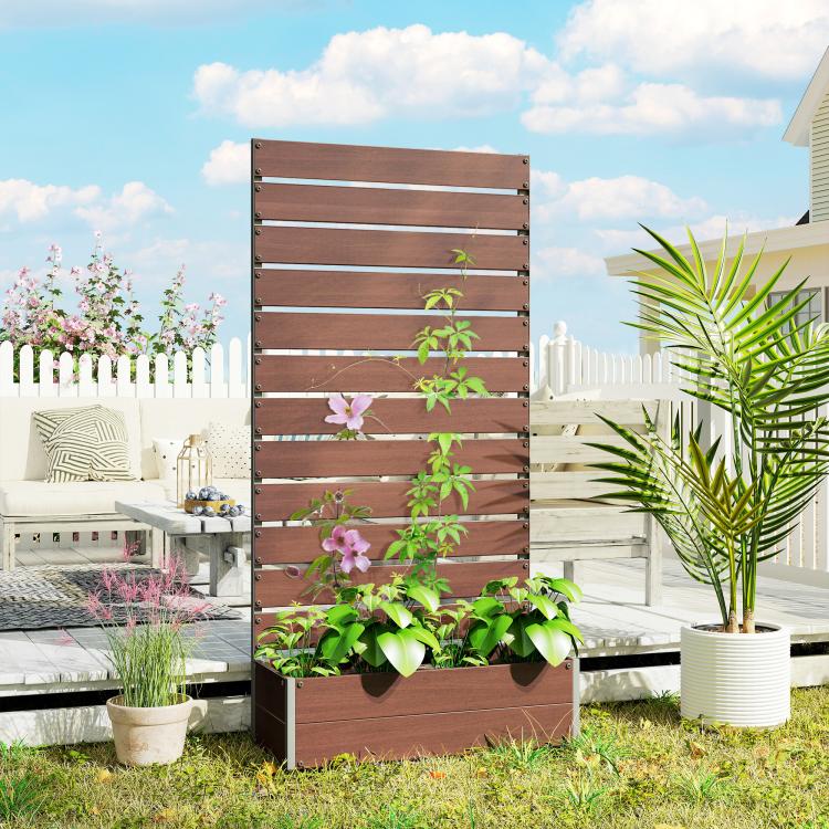 Tall light brown trellis planter with slatted panel and flower-filled raised bed