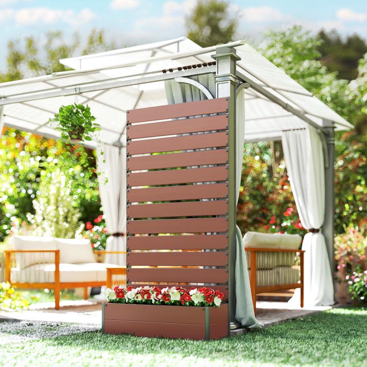 Light brown trellis planter with horizontal slat panel and flower box in yard