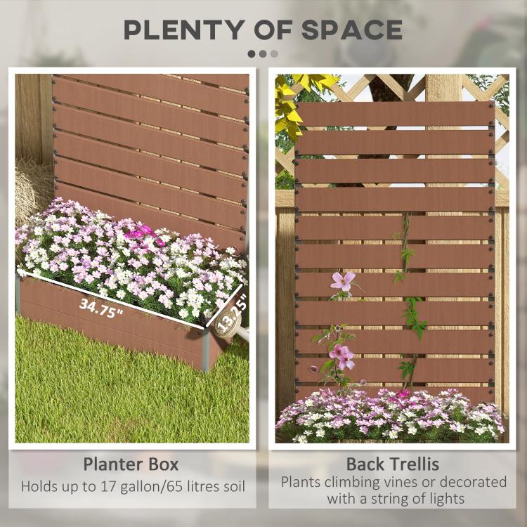 Light brown raised planter box with slatted trellis panel and flower bed