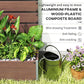 Light brown trellis planter with slatted panel and blooming flowers in raised bed