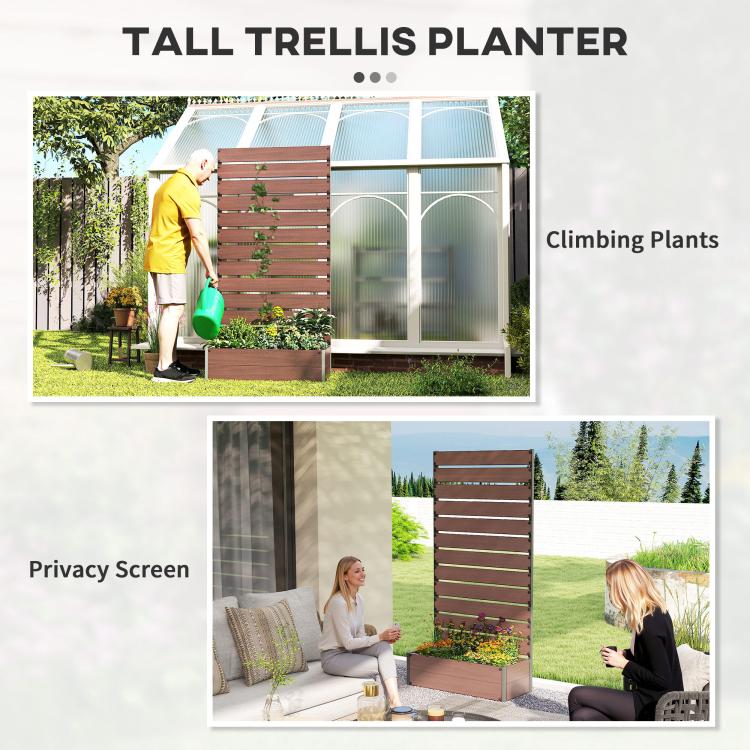 Tall trellis planter with light brown slatted screen for climbing plants
