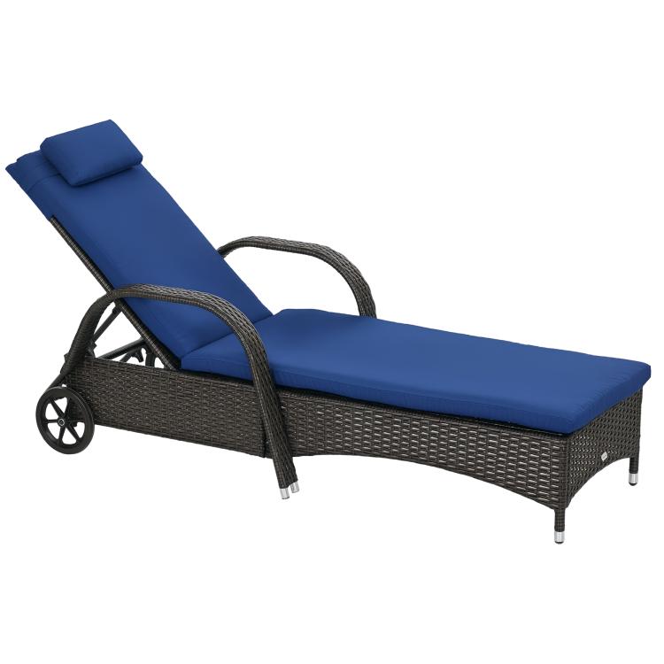 Reclining outdoor chaise lounge with blue cushion, dark wicker frame, and rolling wheels