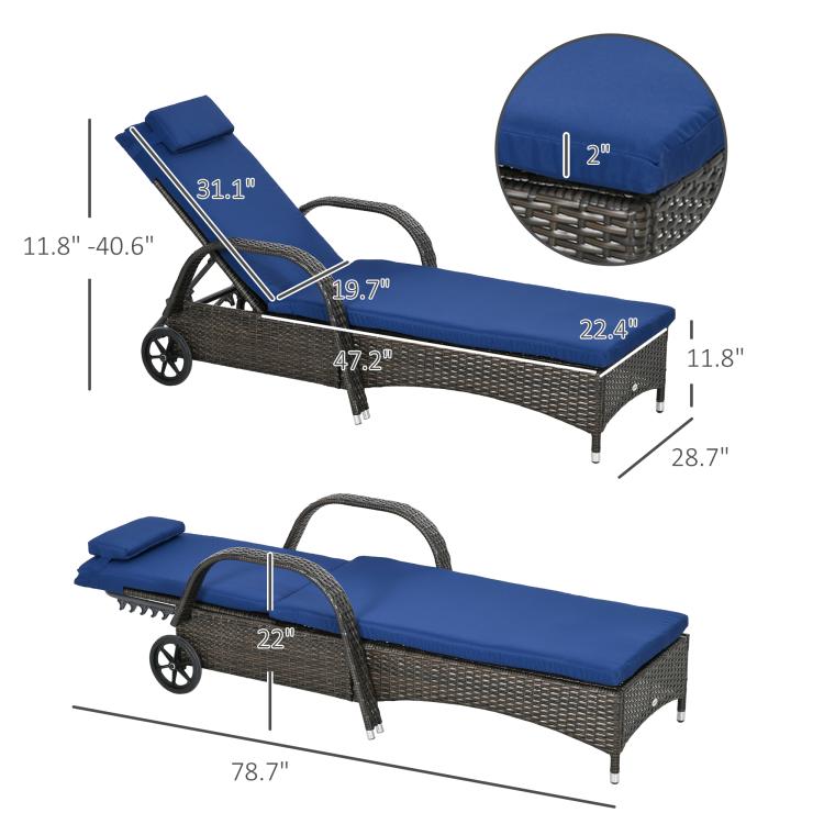 Reclining chaise lounge chair with blue cushion on dark wicker frame, rolling wheels