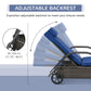 Adjustable reclining backrest on blue cushioned chaise lounge, dark wicker frame