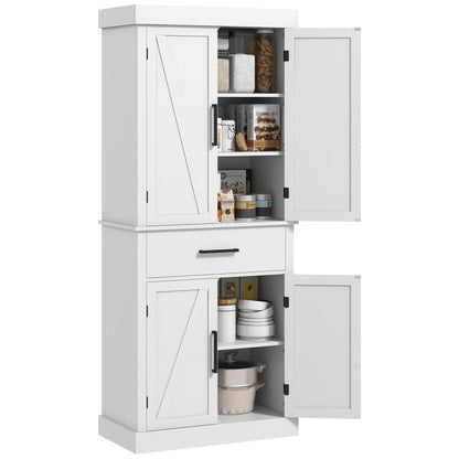 White kitchen pantry cabinet with barn doors, inner shelves, and drawer storage