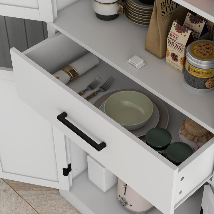 White cabinet with pull-out drawer and open shelves