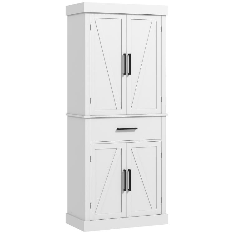 White pantry cabinet with double barn doors and center drawer
