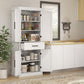 White tall kitchen pantry cabinet with open doors showing shelves and drawer