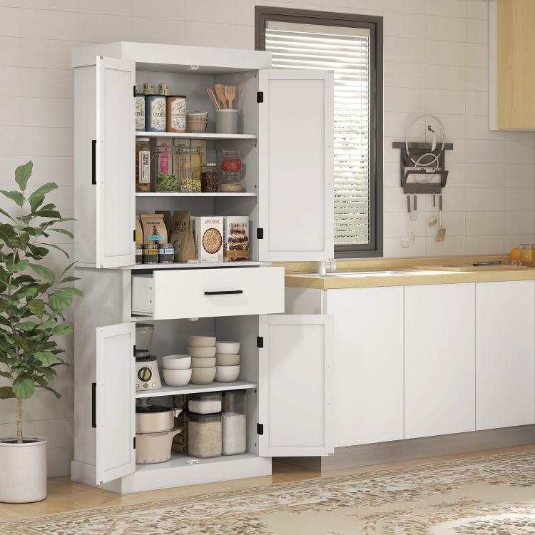 White tall kitchen pantry cabinet with open doors showing shelves and drawer