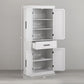 White tall pantry cabinet with open doors, center drawer, and adjustable shelf heights