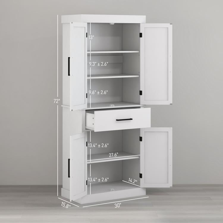 White tall pantry cabinet with open doors, center drawer, and adjustable shelf heights