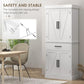 White tall cabinet with anti-tipping design, barn doors, and black handle accents