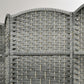 Gray 3-panel folding room divider with woven rattan-style lattice and top arched frame