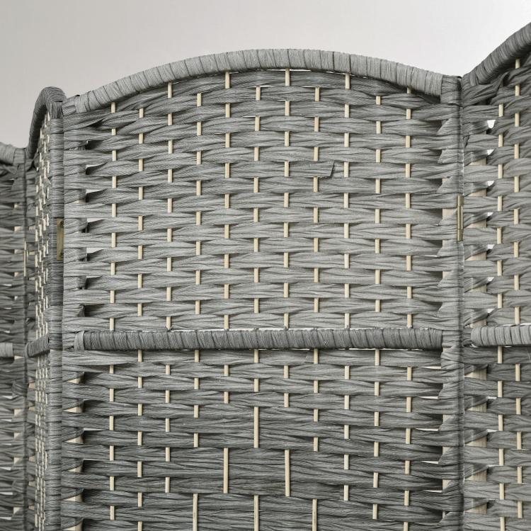 Gray 3-panel folding room divider with woven rattan-style lattice and top arched frame