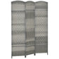 Gray 3-panel folding privacy screen with freestanding legs and woven lattice panels
