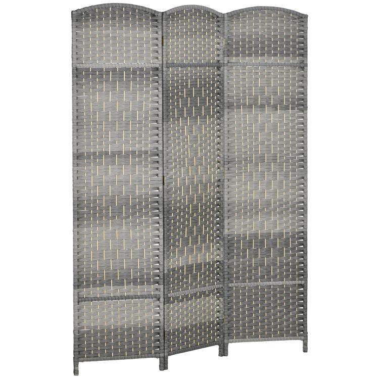 Gray 3-panel folding privacy screen with freestanding legs and woven lattice panels