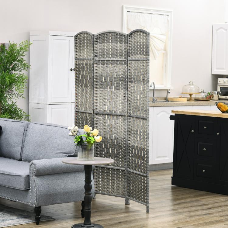 Freestanding 3-panel room divider with arched top in mixed gray woven material