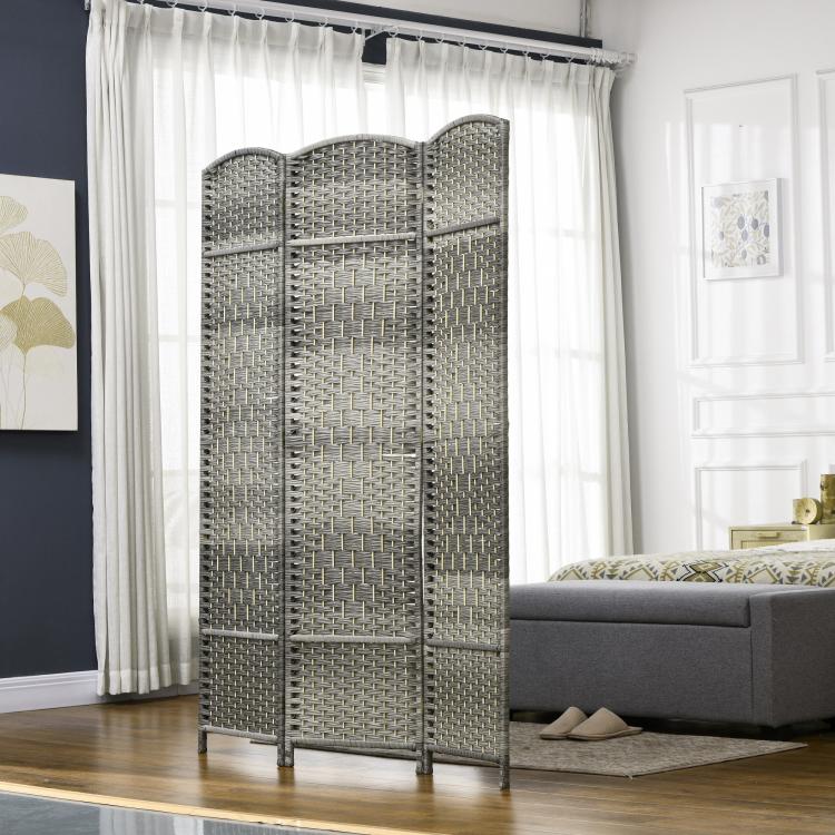 3-panel room divider screen with arched top in mixed gray woven panels