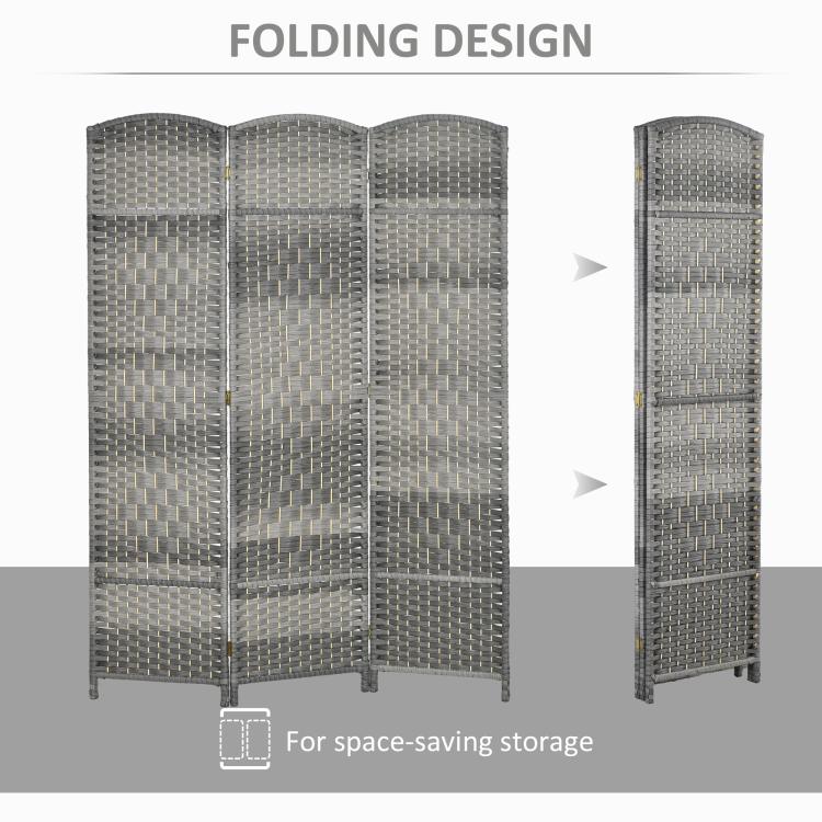 Folding privacy divider screen shown folded and open in mixed gray woven texture