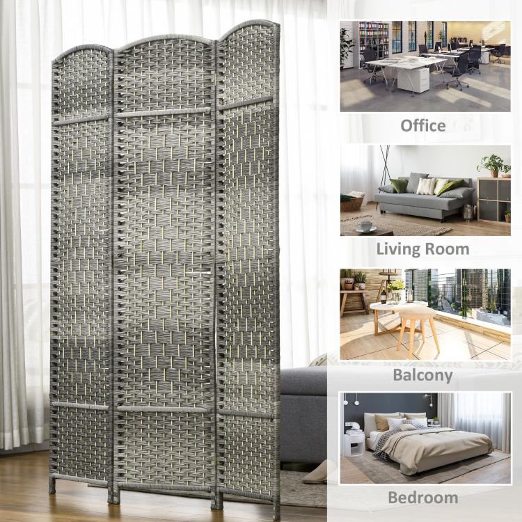 3-panel folding privacy screen in mixed gray woven texture, freestanding