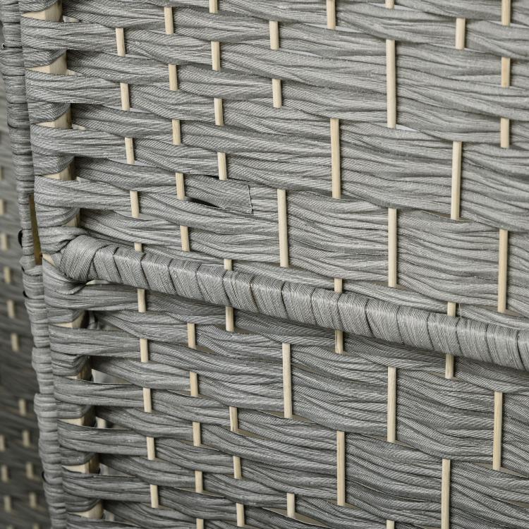 Close-up of mixed gray woven divider panel with light wooden support strips