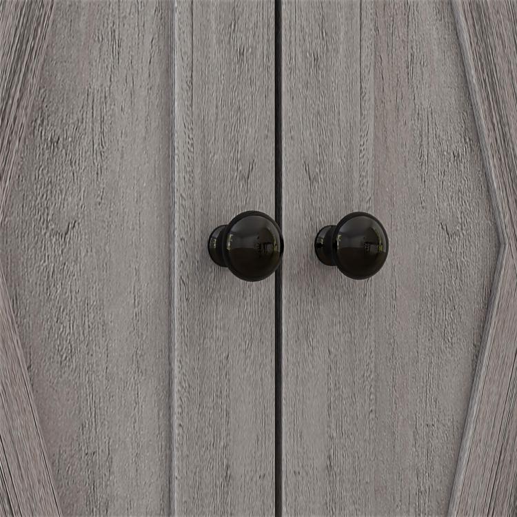 Gray cabinet doors with two round dark knobs