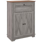Gray farmhouse storage cabinet with top drawer and two panel doors