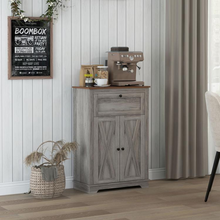 Gray farmhouse sideboard cabinet with drawer and double doors, paneled design