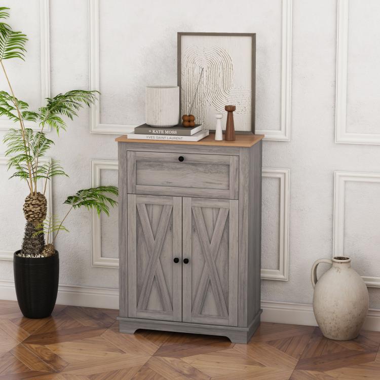 Gray sideboard cabinet with drawer and two doors, X-pattern paneling