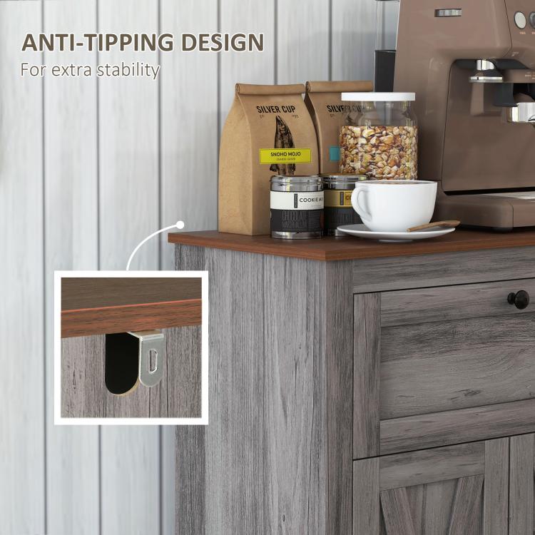 Gray sideboard cabinet with anti-tipping bracket and two-door storage