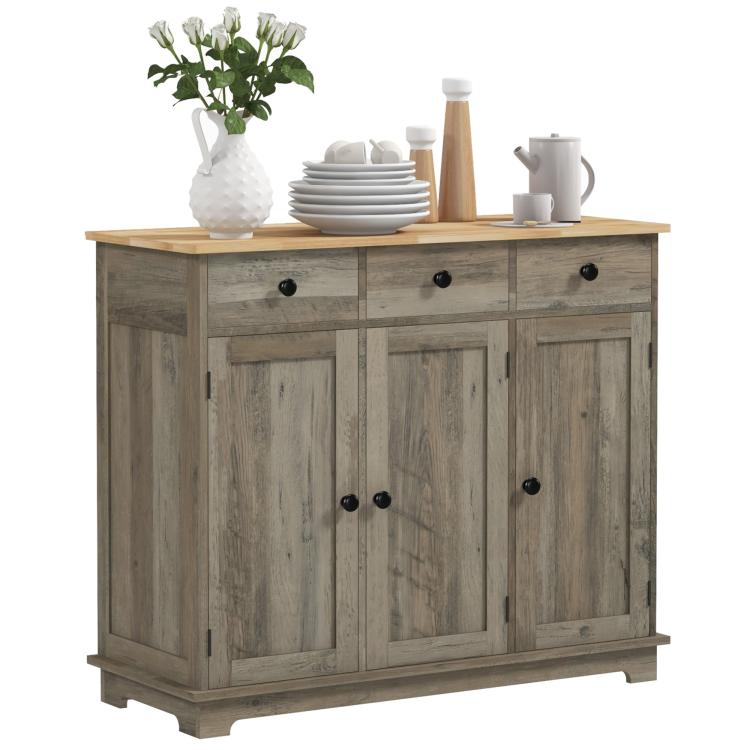 Distressed gray storage cabinet with solid wood top, doors, and three drawers.