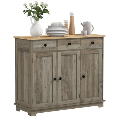 Distressed gray storage cabinet with solid wood top, doors, and three drawers.